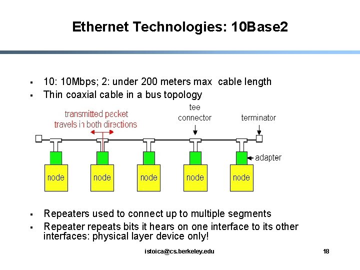 Ethernet Technologies: 10 Base 2 § § 10: 10 Mbps; 2: under 200 meters