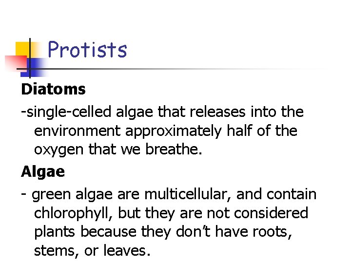 Protists Diatoms -single-celled algae that releases into the environment approximately half of the oxygen Protists Diatoms -single-celled algae that releases into the environment approximately half of the oxygen