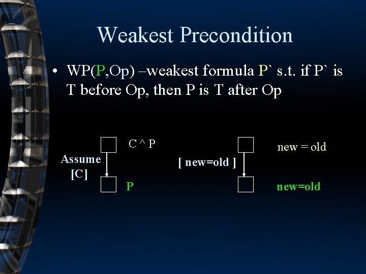 Weakest Precondition • WP(P, Op) –weakest formula P` s. t. if P` is T