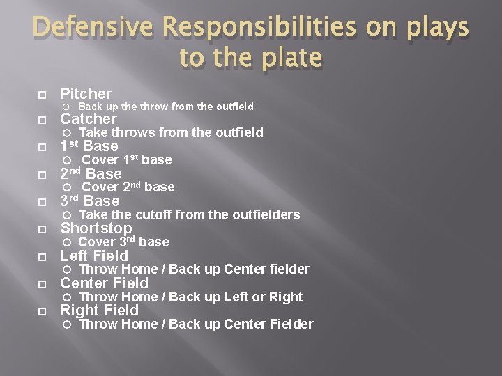 Defensive Responsibilities on plays to the plate Pitcher Back up the throw from the