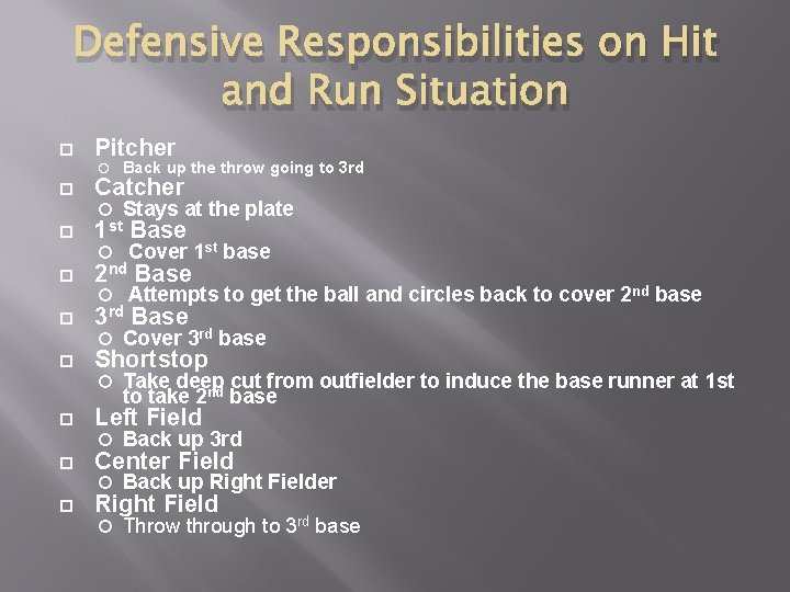Defensive Responsibilities on Hit and Run Situation Pitcher Back up the throw going to