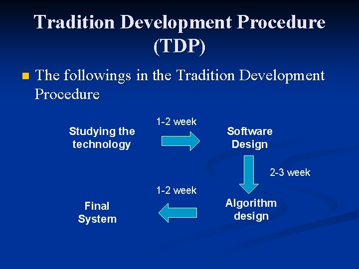 Tradition Development Procedure (TDP) n The followings in the Tradition Development Procedure Studying the