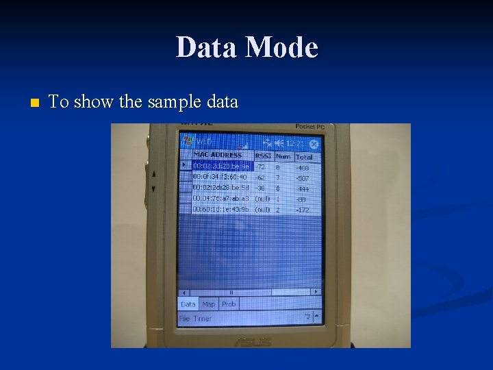 Data Mode n To show the sample data 