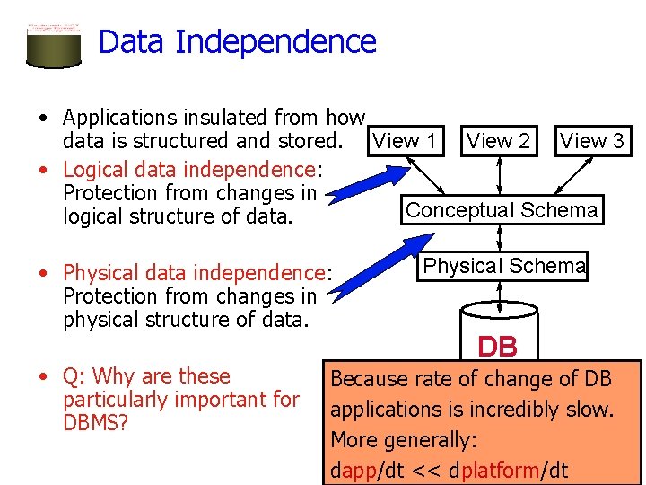 Data Independence • Applications insulated from how data is structured and stored. View 1