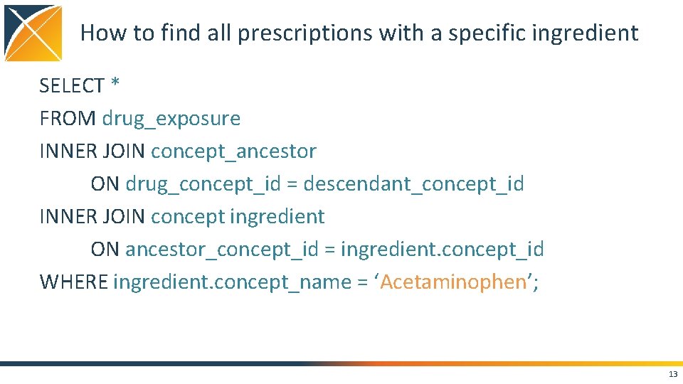 How to find all prescriptions with a specific ingredient SELECT * FROM drug_exposure INNER