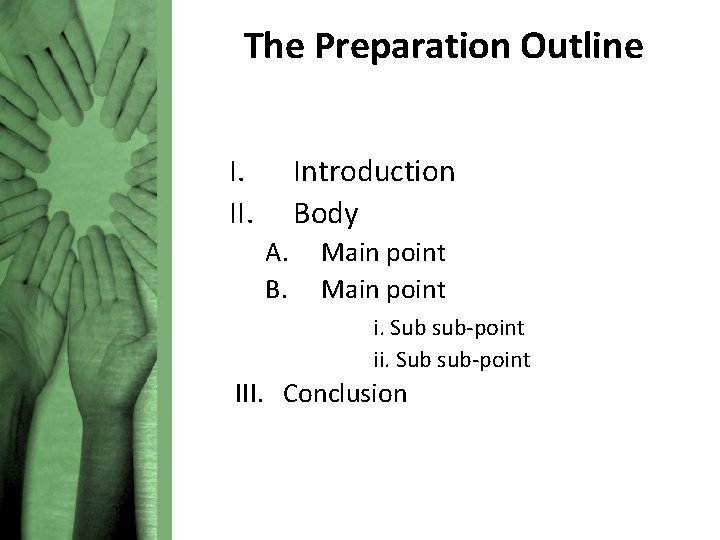 The Preparation Outline I. II. Introduction Body A. B. Main point i. Sub sub-point