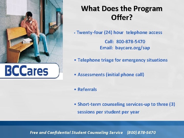 What Does the Program Offer? • Twenty-four (24) hour telephone access Call: 800 -878