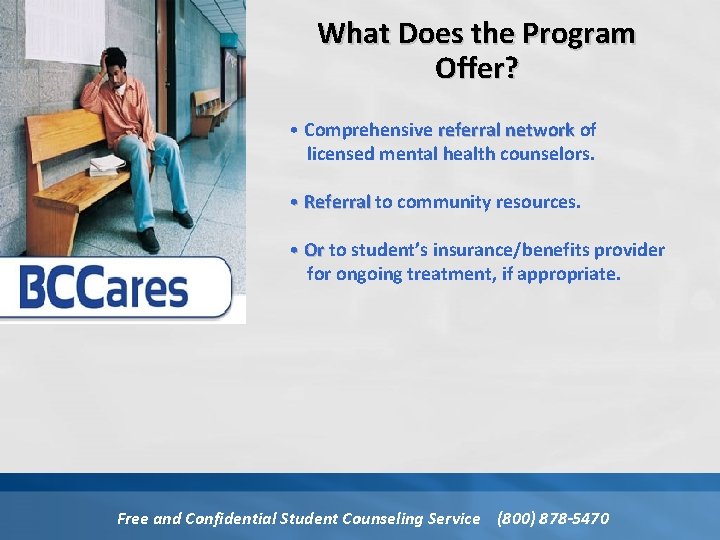 What Does the Program Offer? • Comprehensive referral network of licensed mental health counselors.