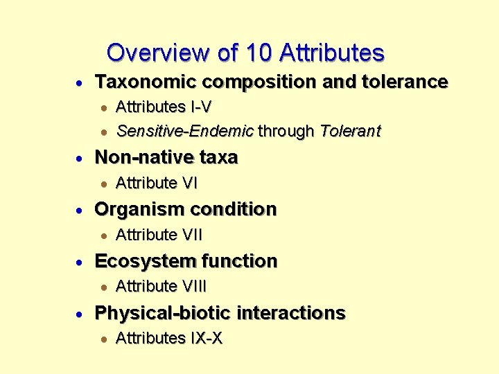 Overview of 10 Attributes · Taxonomic composition and tolerance · Attributes I-V · Sensitive-Endemic