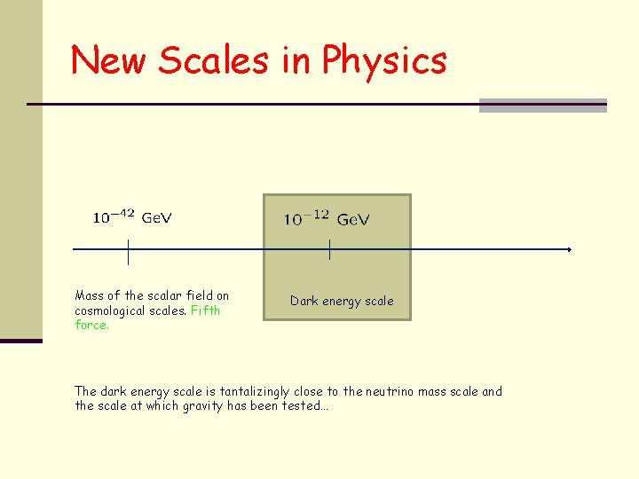 New Scales in Physics Mass of the scalar field on cosmological scales. Fifth force.
