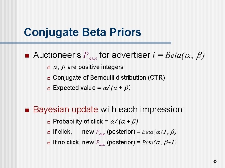 Conjugate Beta Priors n n Auctioneer’s Pauc for advertiser i = Beta( , )