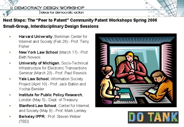 Next Steps: The “Peer to Patent” Community Patent Workshops Spring 2006 Small-Group, Interdisciplinary Design