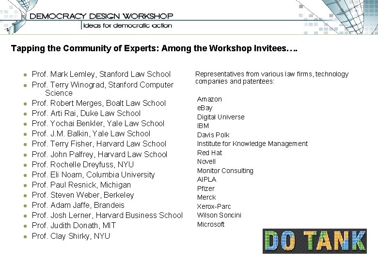 Tapping the Community of Experts: Among the Workshop Invitees…. l l l l Prof.