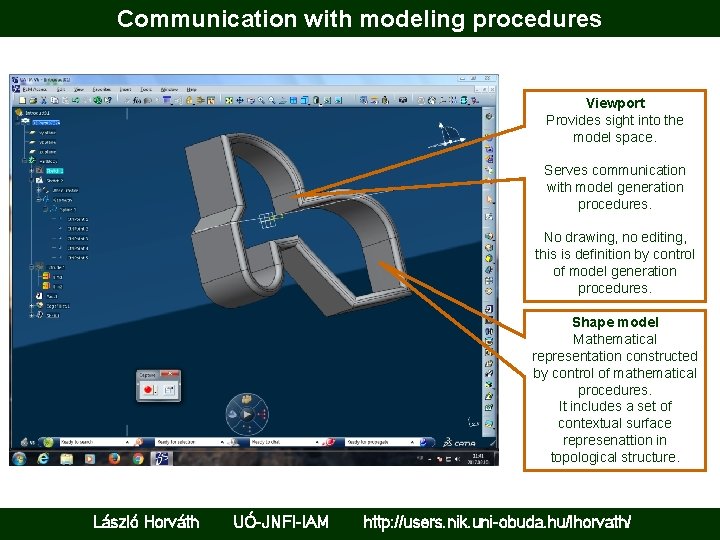 Communication with modeling procedures Viewport Provides sight into the model space. Serves communication with