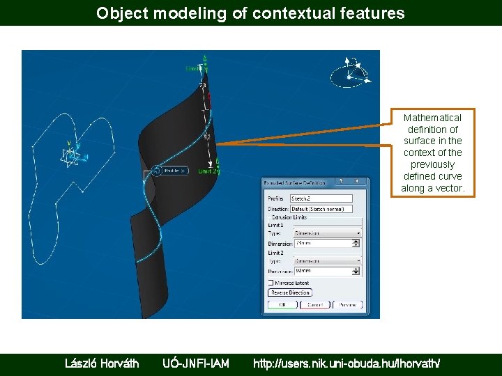 Object modeling of contextual features Mathematical definition of surface in the context of the