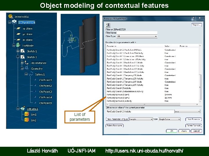 Object modeling of contextual features List of parameters László Horváth UÓ-JNFI-IAM http: //users. nik.