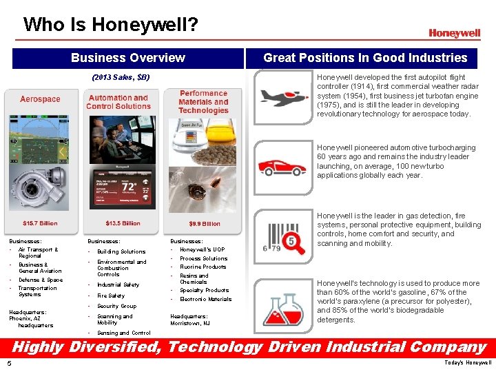 Who Is Honeywell? Business Overview Great Positions In Good Industries Honeywell developed the first