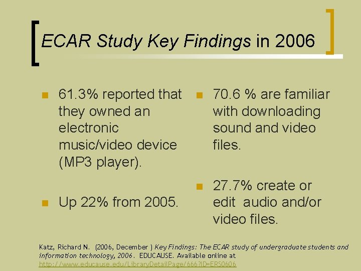 ECAR Study Key Findings in 2006 n n 61. 3% reported that they owned