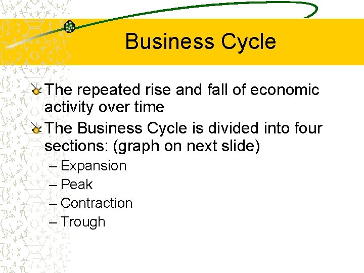 Business Cycle The repeated rise and fall of economic activity over time The Business