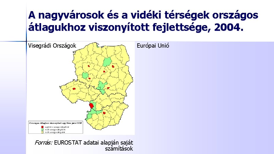 A nagyvárosok és a vidéki térségek országos átlagukhoz viszonyított fejlettsége, 2004. Visegrádi Országok Európai