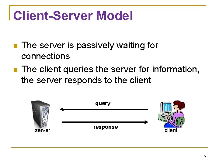 Client-Server Model The server is passively waiting for connections The client queries the server