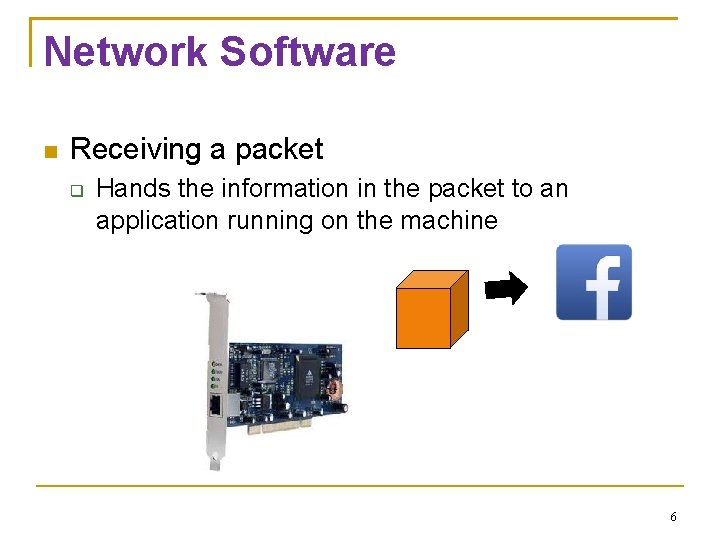 Network Software Receiving a packet Hands the information in the packet to an application