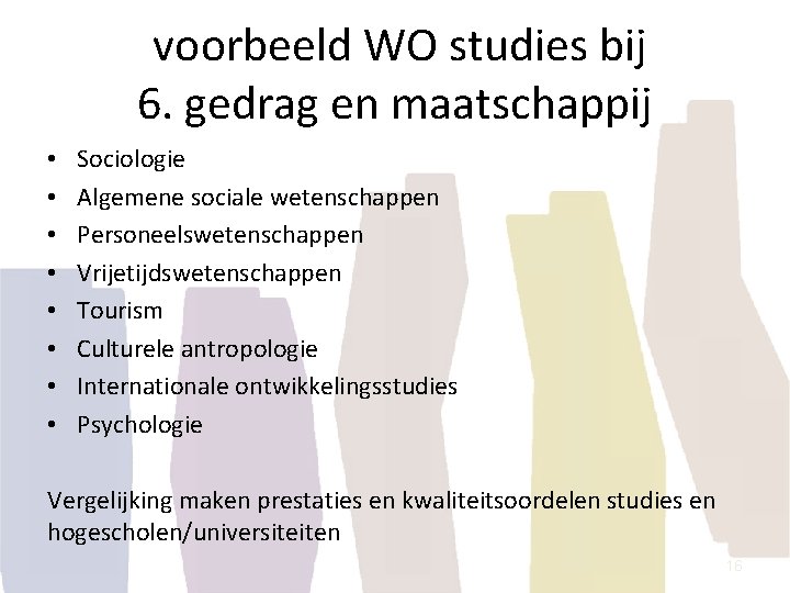 voorbeeld WO studies bij 6. gedrag en maatschappij • • Sociologie Algemene sociale wetenschappen