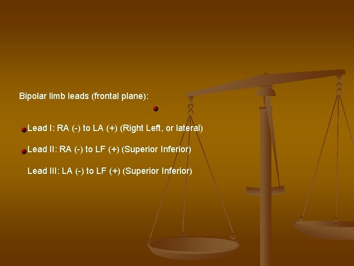 Bipolar limb leads (frontal plane): Lead I: RA (-) to LA (+) (Right Left,