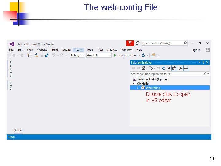 The web. config File Double click to open in VS editor 14 