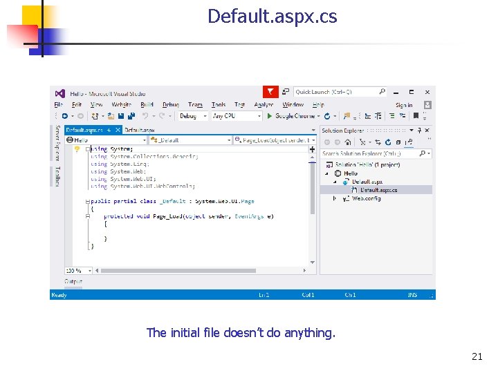 Default. aspx. cs The initial file doesn’t do anything. 21 
