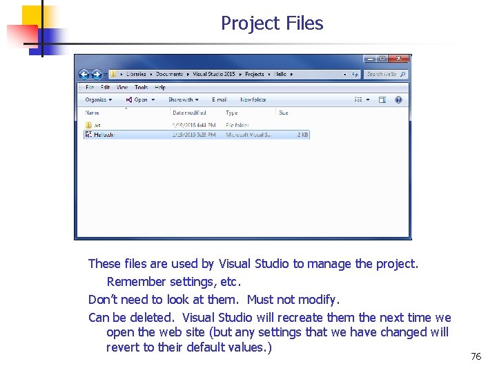 Project Files These files are used by Visual Studio to manage the project. Remember
