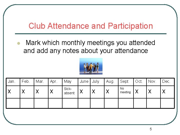 Club Attendance and Participation l Jan. x Mark which monthly meetings you attended and