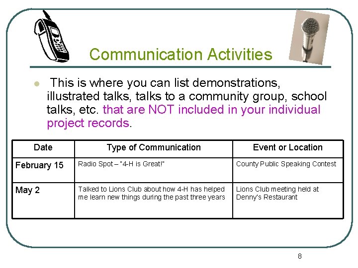 Communication Activities l This is where you can list demonstrations, illustrated talks, talks to
