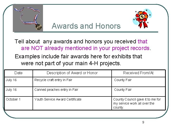 Awards and Honors Tell about any awards and honors you received that are NOT