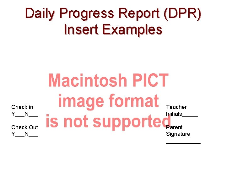 Daily Progress Report (DPR) Insert Examples Check in Y___N___ Check Out Y___N___ Teacher Initials_____