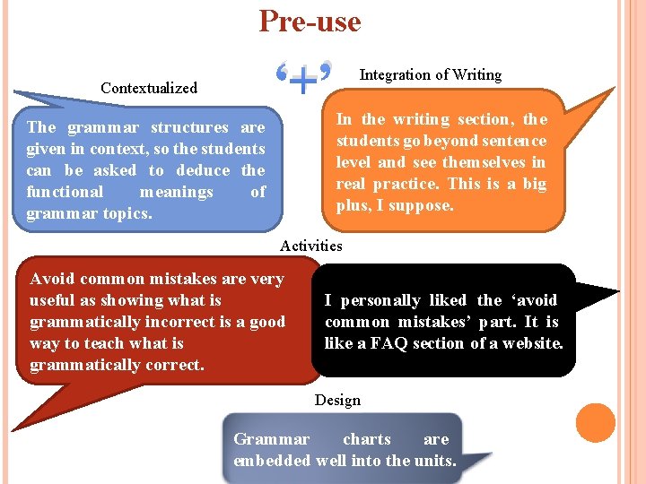 Pre-use ‘+’ Contextualized Integration of Writing In the writing section, the students go beyond