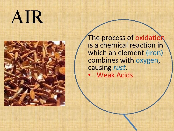 AIR The process of oxidation is a chemical reaction in which an element (iron)