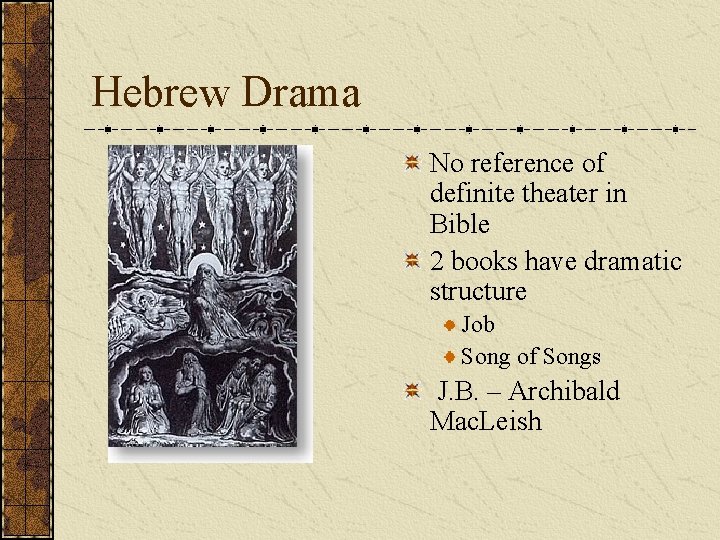 Hebrew Drama No reference of definite theater in Bible 2 books have dramatic structure