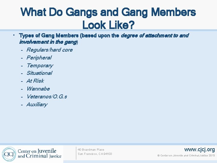 What Do Gangs and Gang Members Look Like? • Types of Gang Members (based