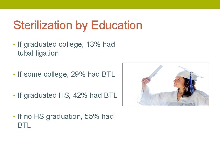 Sterilization by Education • If graduated college, 13% had tubal ligation • If some