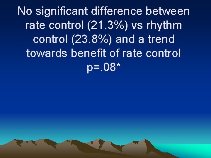 No significant difference between rate control (21. 3%) vs rhythm control (23. 8%) and