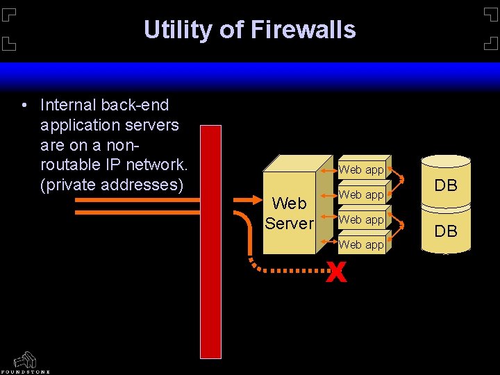 Utility of Firewalls • Internal back-end application servers are on a nonroutable IP network.