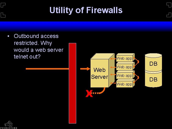 Utility of Firewalls • Outbound access restricted. Why would a web server telnet out?