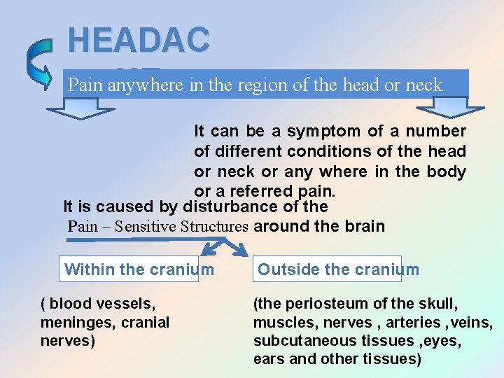 HEADAC Pain anywhere HE in the region of the head or neck It can