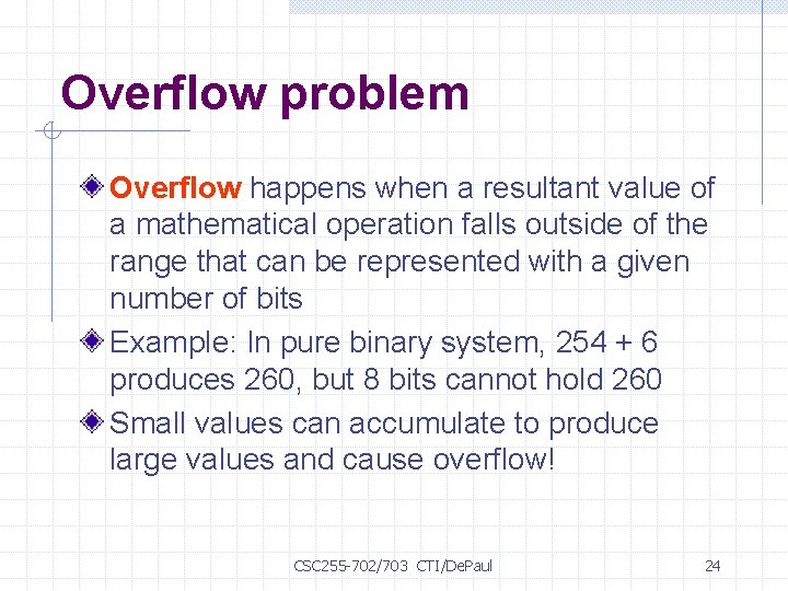 Overflow problem Overflow happens when a resultant value of a mathematical operation falls outside