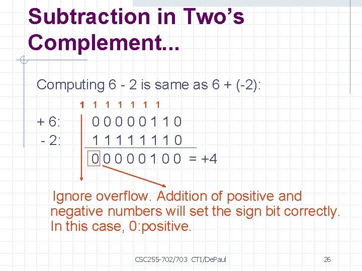 Subtraction in Two’s Complement. . . Computing 6 - 2 is same as 6