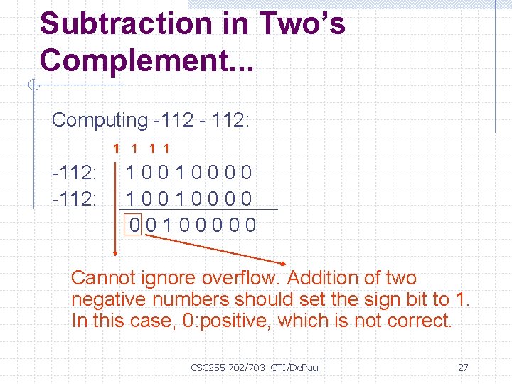 Subtraction in Two’s Complement. . . Computing -112 - 112: 1 1 -112: 100100000