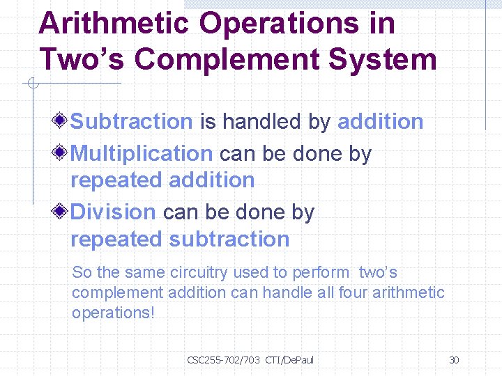 Arithmetic Operations in Two’s Complement System Subtraction is handled by addition Multiplication can be