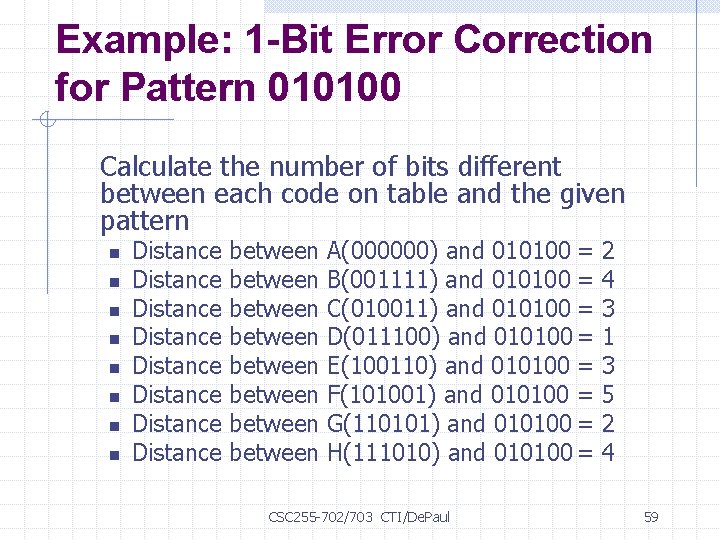 Example: 1 -Bit Error Correction for Pattern 010100 Calculate the number of bits different