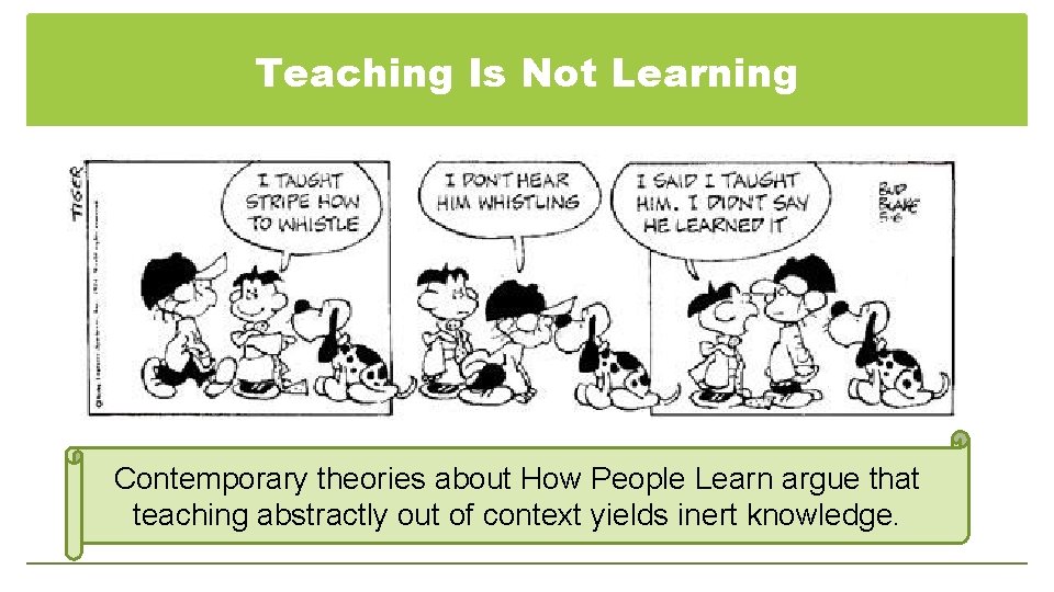 Teaching Is Not Learning Contemporary theories about How People Learn argue that teaching abstractly